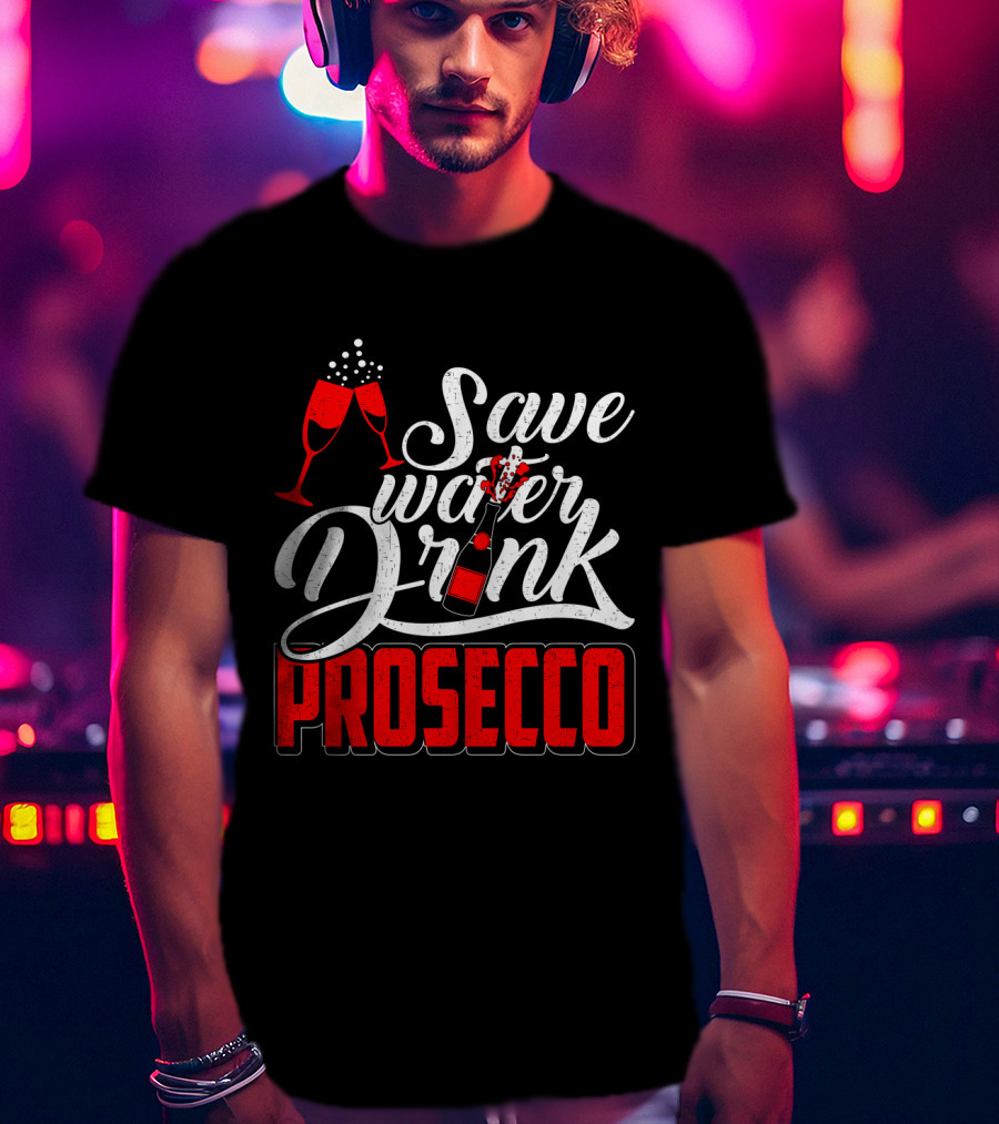 Save Water Drink Prosecco Cheers With Sparkling Glasses And Bottle T-Shirt
