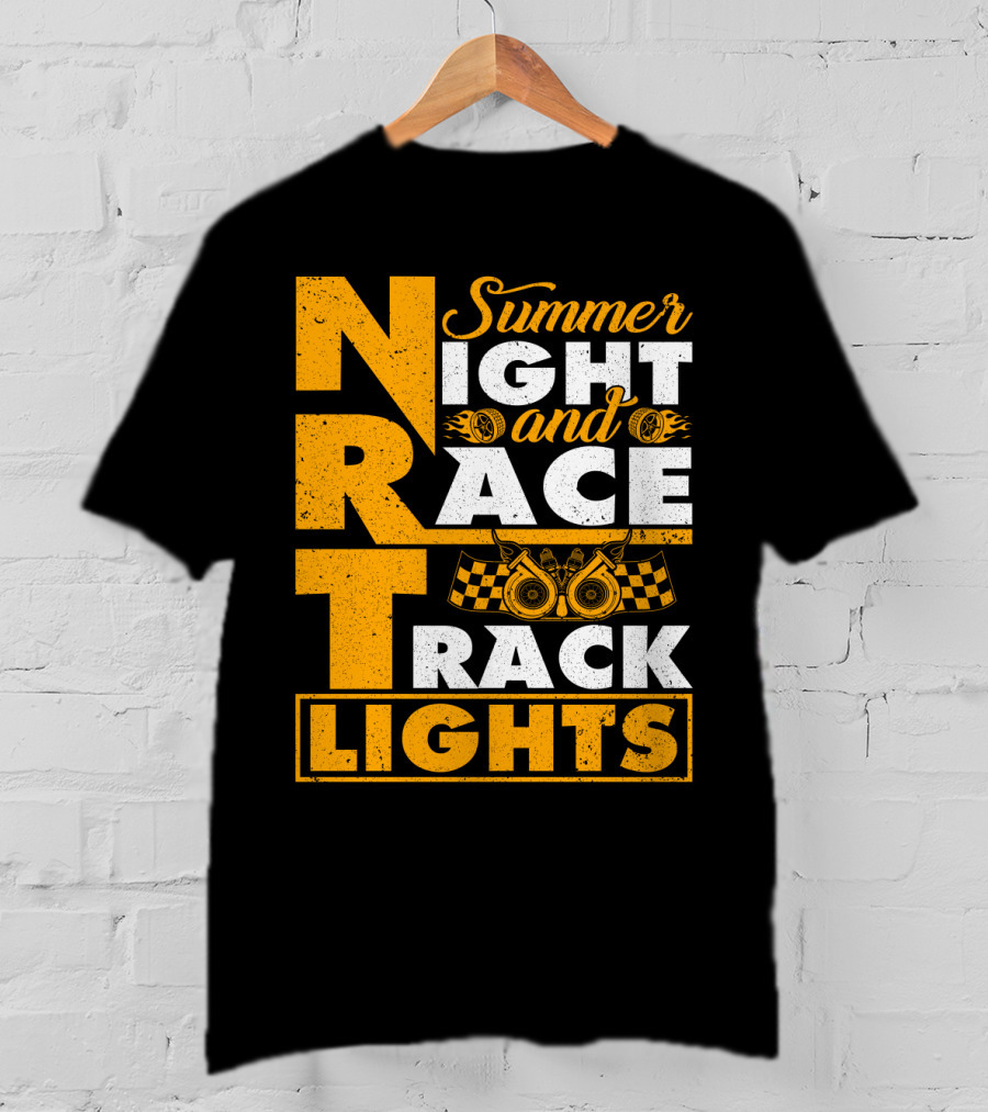 Summer Night And Race Track Lights With Engine And Checkered Flags T-Shirt