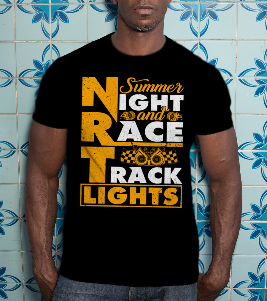 Summer Night And Race Track Lights With Engine And Checkered Flags T-Shirt