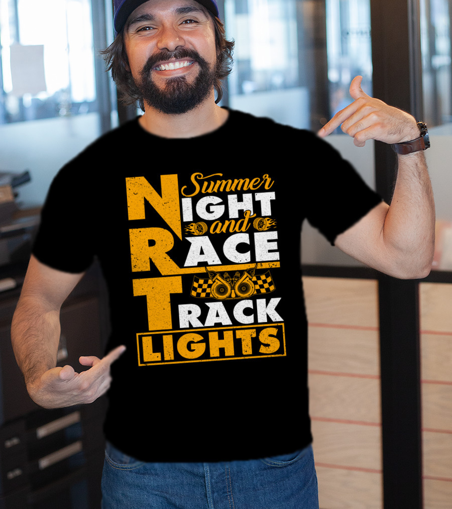 Summer Night And Race Track Lights With Engine And Checkered Flags T-Shirt