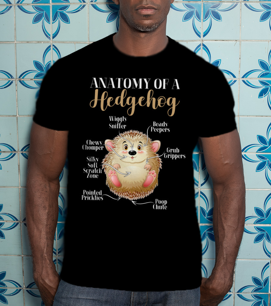 ANATOMY OF A HEDGEHOG Wiggly Sniffer Beady Peepers Grub Grippers Chewy Chomper Silky Soft Scratch Zone Pointed Pricklies Poop Chute T-Shirt