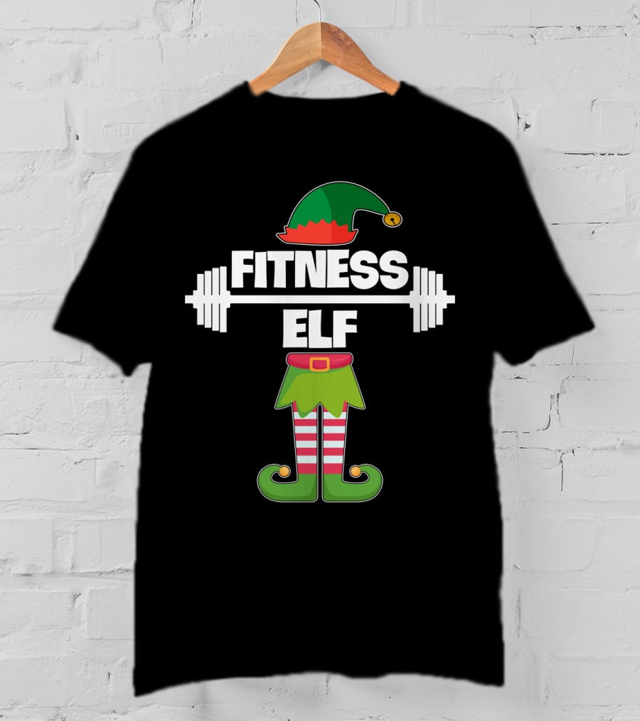 FITNESS ELF Workout Exercise Weight Lifter Barbell Holiday Humor T-Shirt