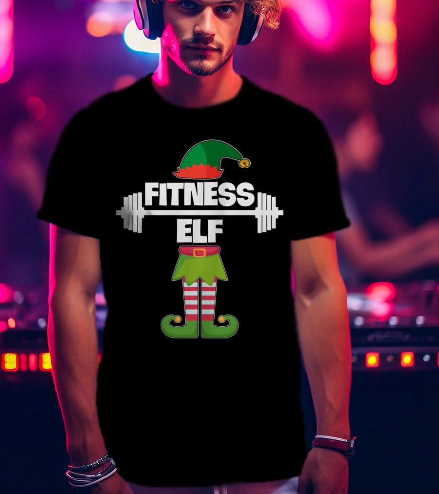 FITNESS ELF Workout Exercise Weight Lifter Barbell Holiday Humor T-Shirt