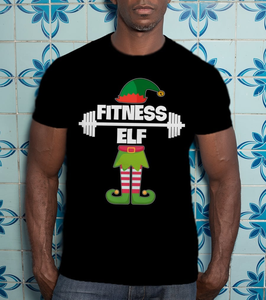 FITNESS ELF Workout Exercise Weight Lifter Barbell Holiday Humor T-Shirt