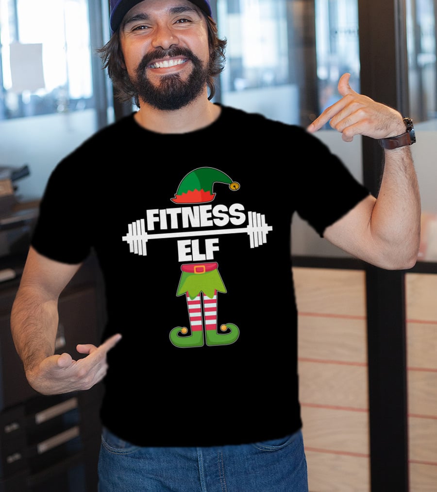 FITNESS ELF Workout Exercise Weight Lifter Barbell Holiday Humor T-Shirt
