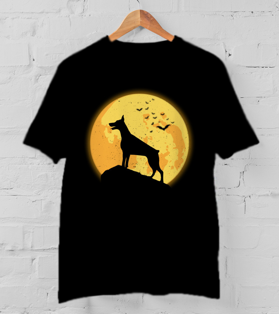 DOBERMAN Dog Silhouette Against Orange Moon Night Scene T-Shirt