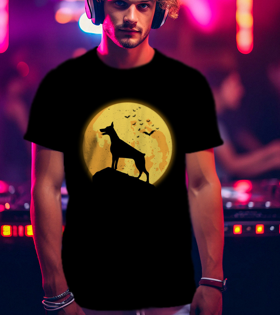 DOBERMAN Dog Silhouette Against Orange Moon Night Scene T-Shirt