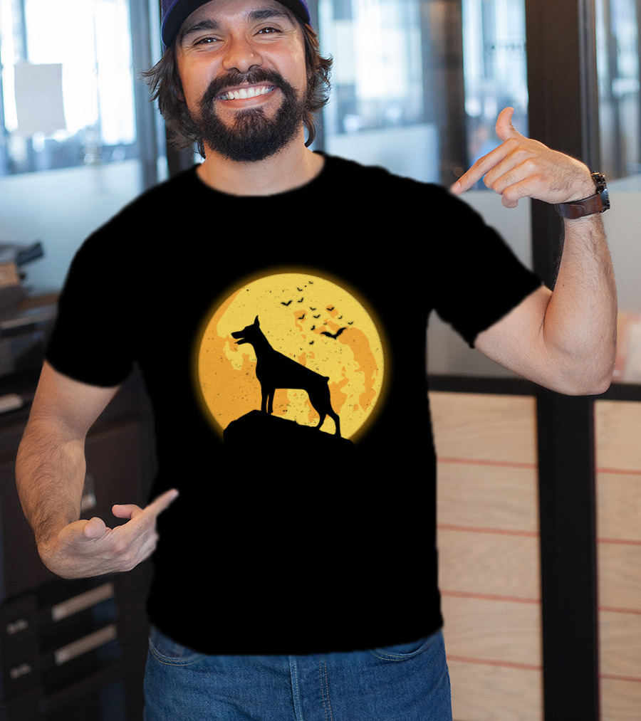 DOBERMAN Dog Silhouette Against Orange Moon Night Scene T-Shirt