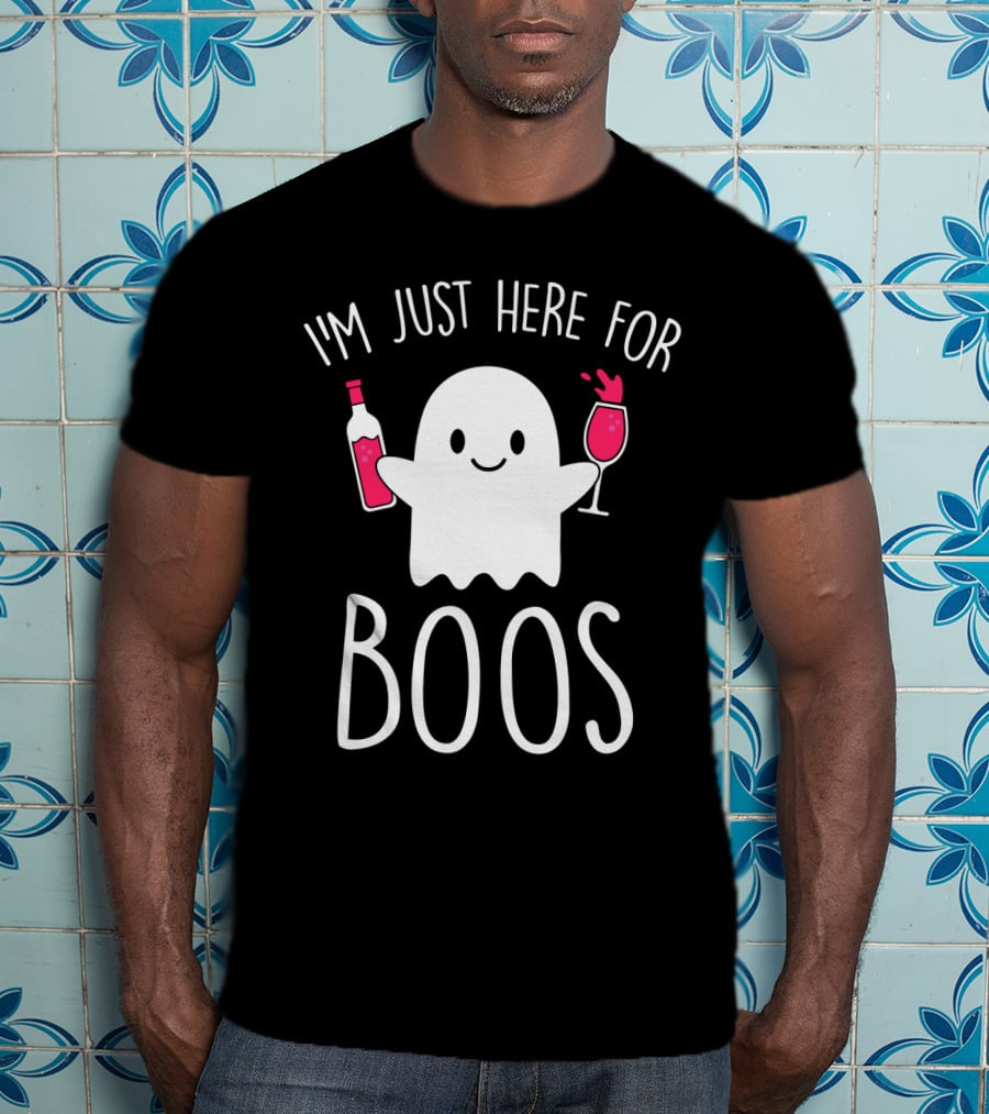I'm Just Here For Boos Ghost Holding Wine Bottle And Glass T-Shirt