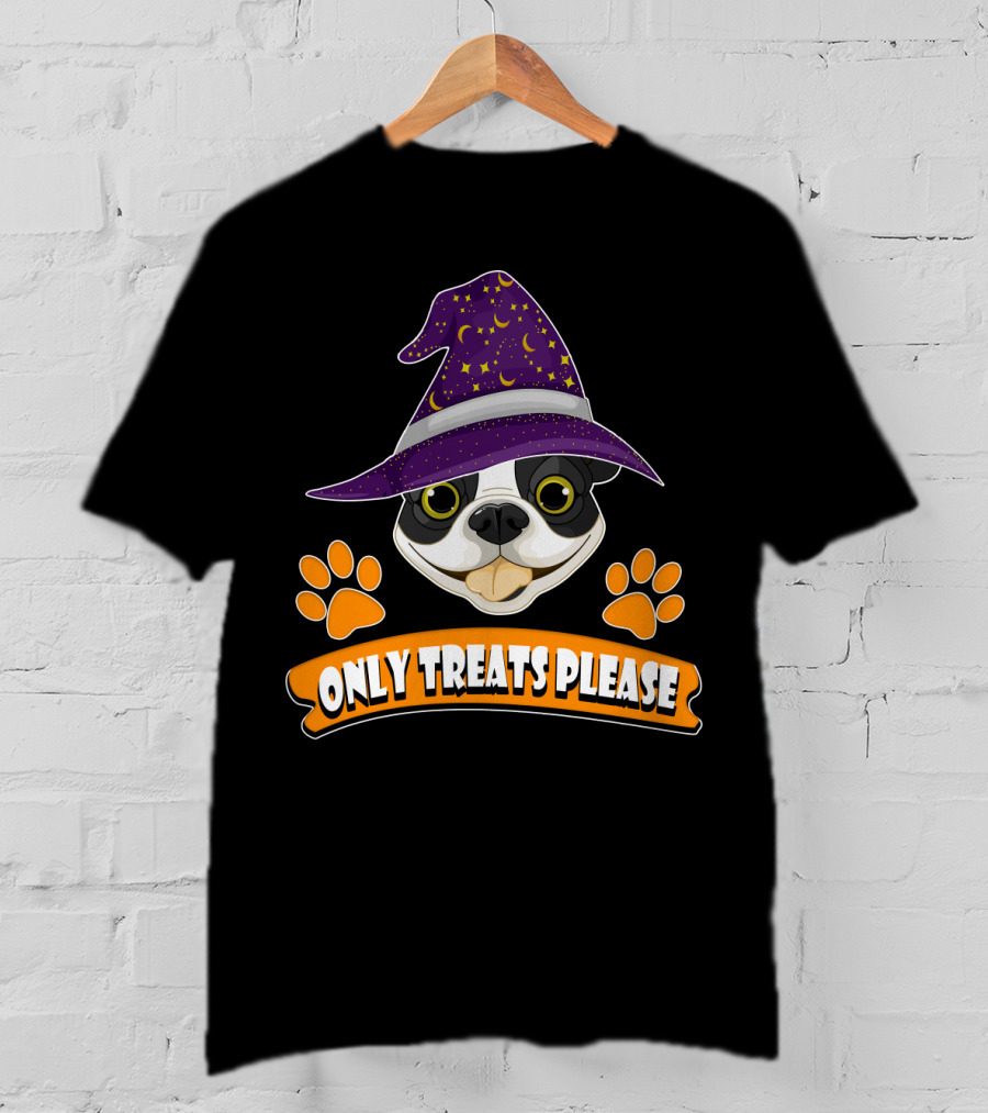 Boston Terrier Only Treats Please Wizard Hat And Paw Prints T-Shirt