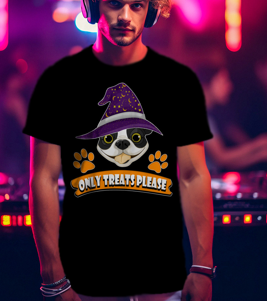 Boston Terrier Only Treats Please Wizard Hat And Paw Prints T-Shirt