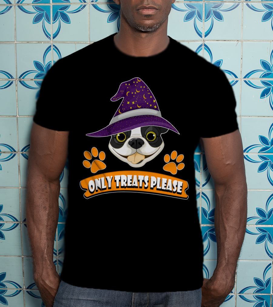 Boston Terrier Only Treats Please Wizard Hat And Paw Prints T-Shirt