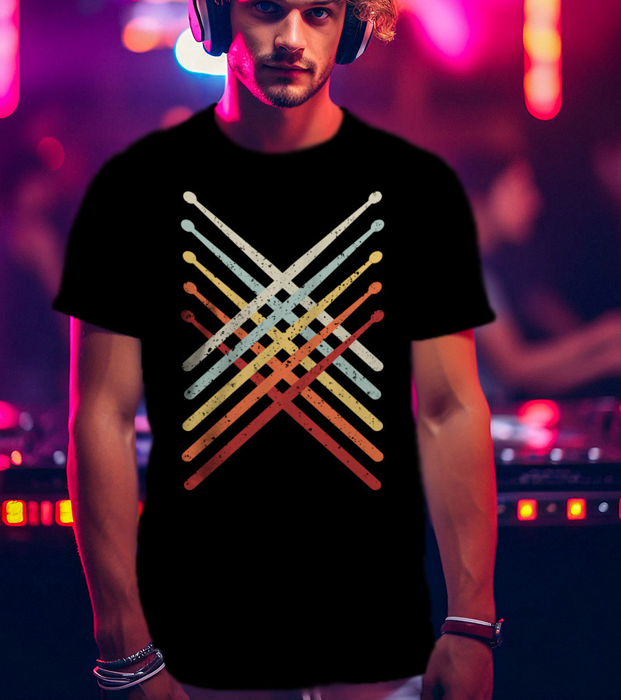 Retro Vintage Drummer Multicolor Drumsticks T-Shirt