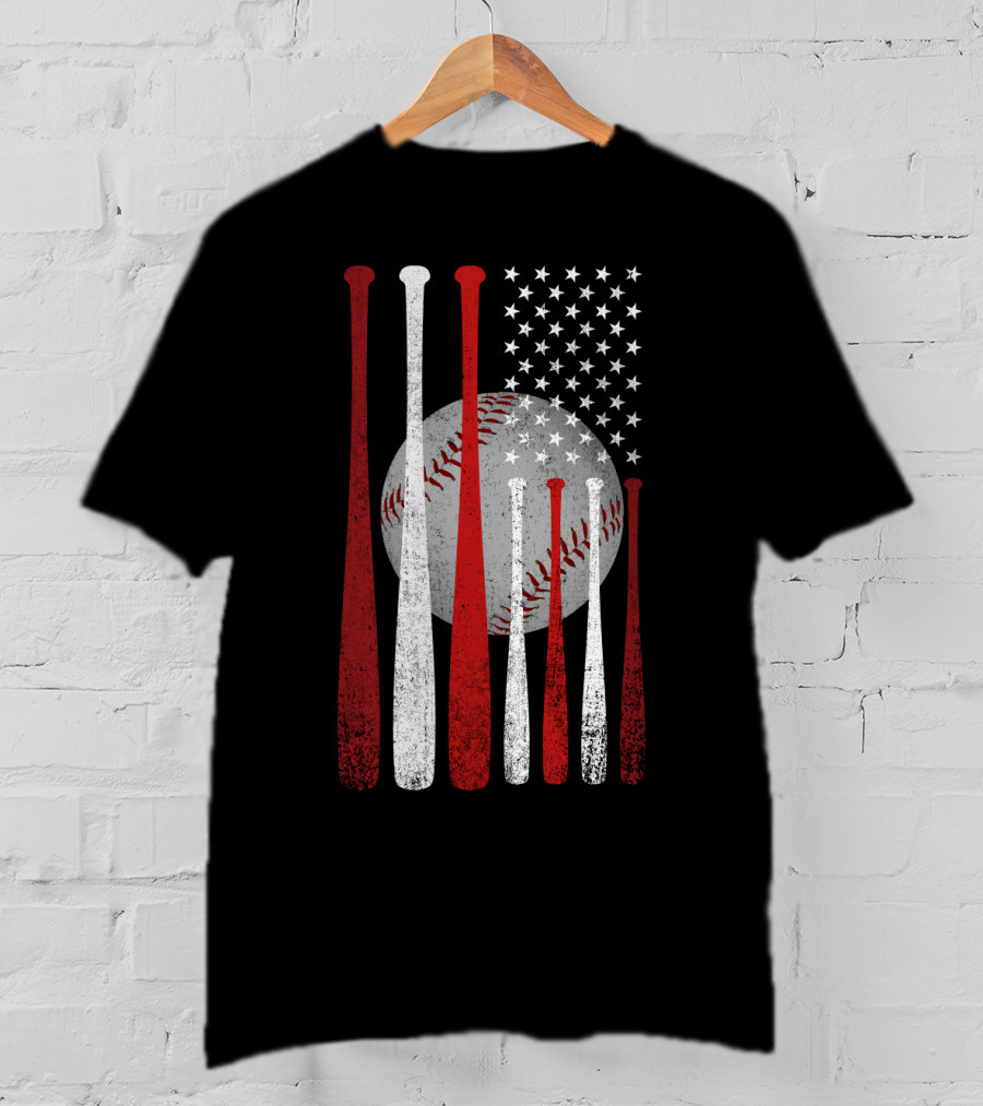 Vintage American Flag Baseball Bats And Ball Stars T-Shirt