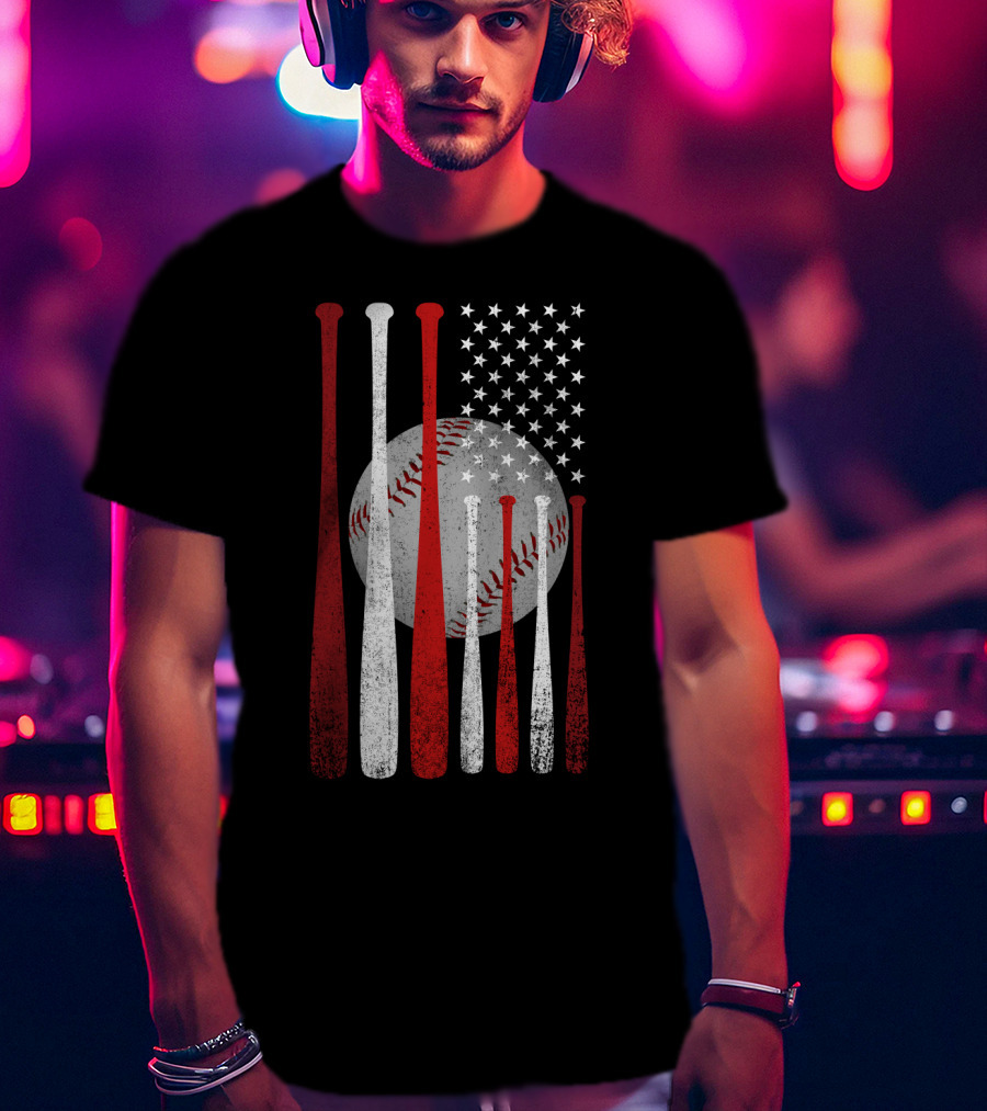 Vintage American Flag Baseball Bats And Ball Stars T-Shirt