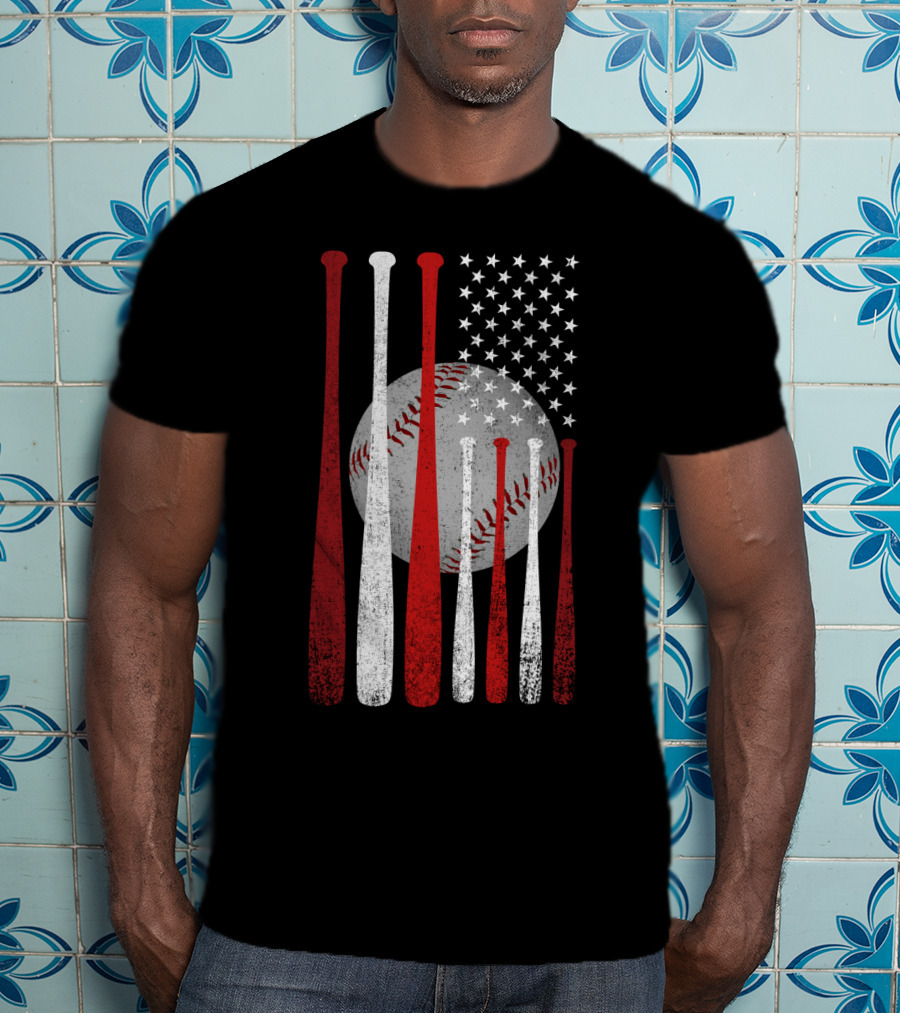 Vintage American Flag Baseball Bats And Ball Stars T-Shirt