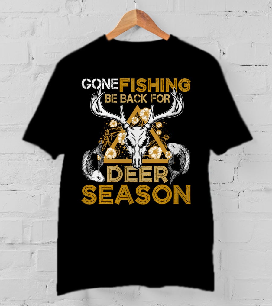 Gone Fishing Be Back For Deer Season Antler Skull Fish Floral Triangle T-Shirt