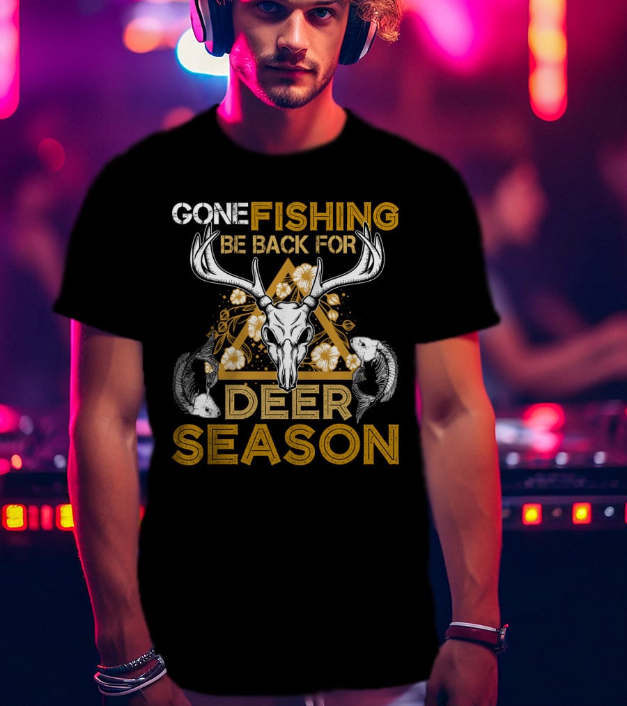 Gone Fishing Be Back For Deer Season Antler Skull Fish Floral Triangle T-Shirt