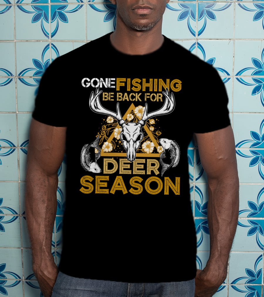 Gone Fishing Be Back For Deer Season Antler Skull Fish Floral Triangle T-Shirt