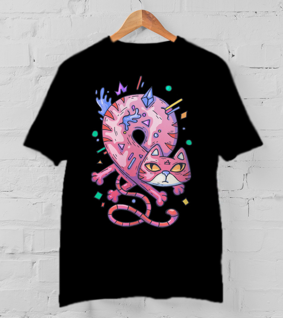 Pink Donut Cat Twisted Into Loop With Colorful Elements T-Shirt
