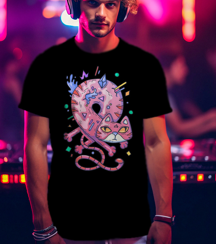 Pink Donut Cat Twisted Into Loop With Colorful Elements T-Shirt