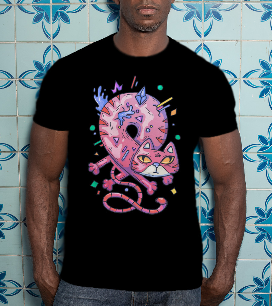 Pink Donut Cat Twisted Into Loop With Colorful Elements T-Shirt