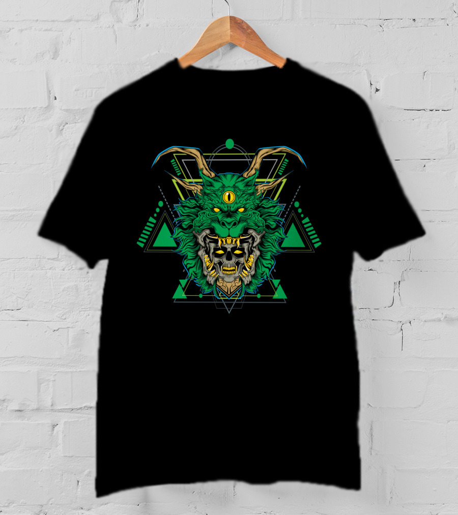 Green Dragon Geometric Skull Fusion T-Shirt