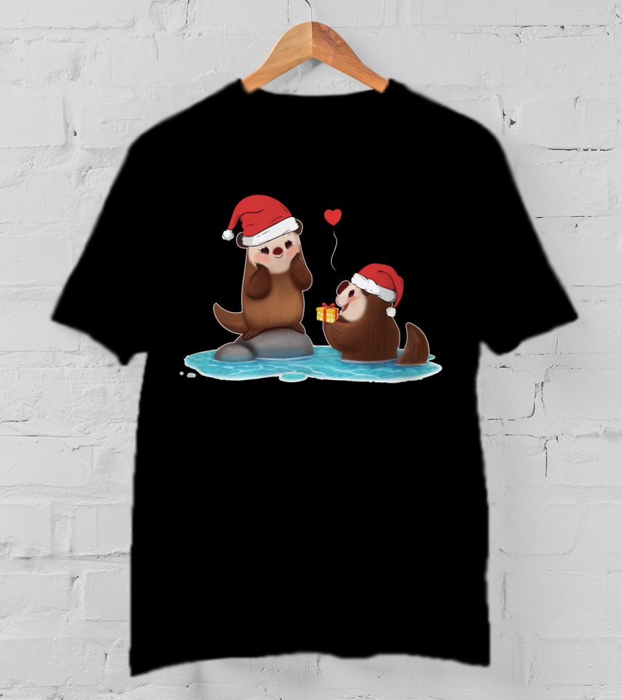 Cute Otter Santa With Gift And Heart On Ice T-Shirt