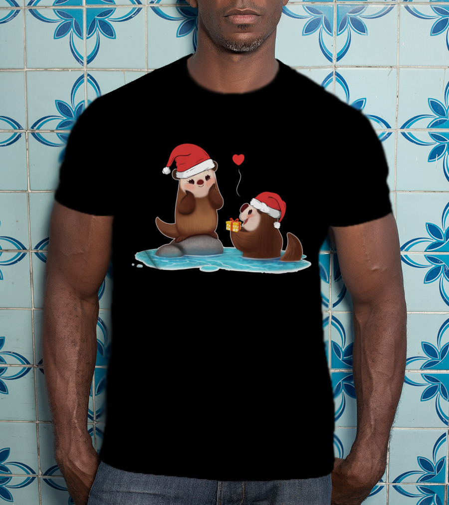 Cute Otter Santa With Gift And Heart On Ice T-Shirt