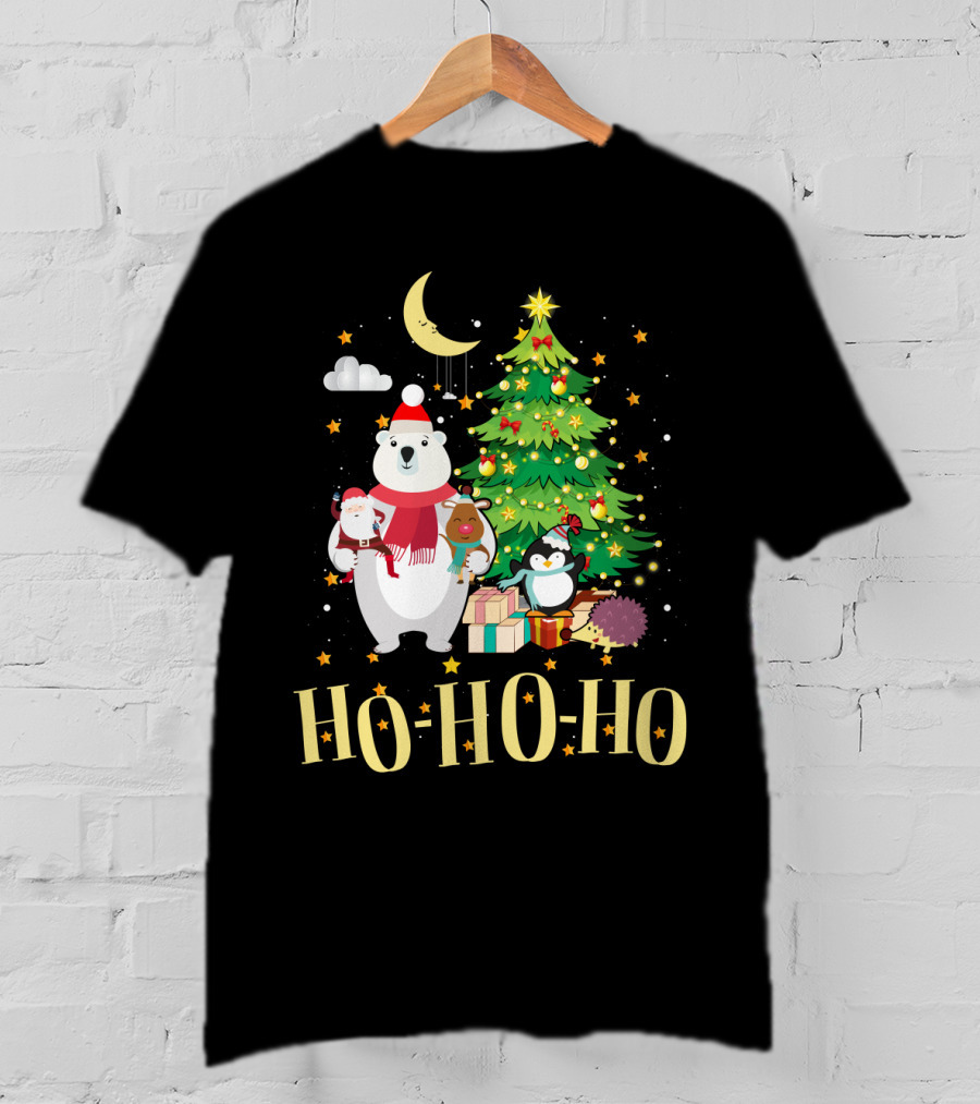 HO HO HO Christmas Dreams Polar Bear Santa Penguin Tree T-Shirt