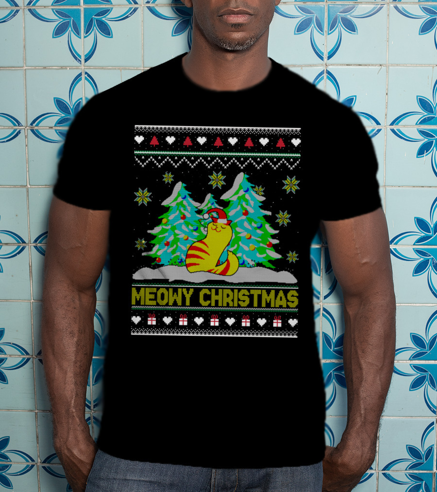 Meowy Christmas Cat Lover Ugly Christmas T-Shirt