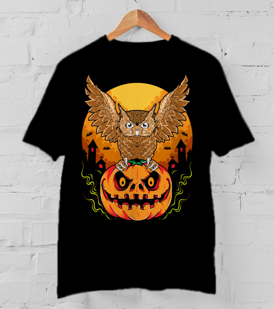 Owl Perched On Halloween Pumpkin With Haunted Houses And Bats T-Shirt