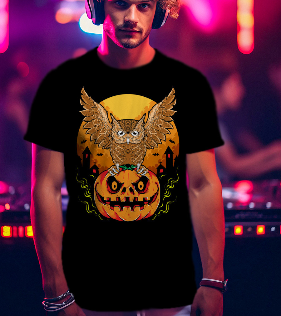 Owl Perched On Halloween Pumpkin With Haunted Houses And Bats T-Shirt