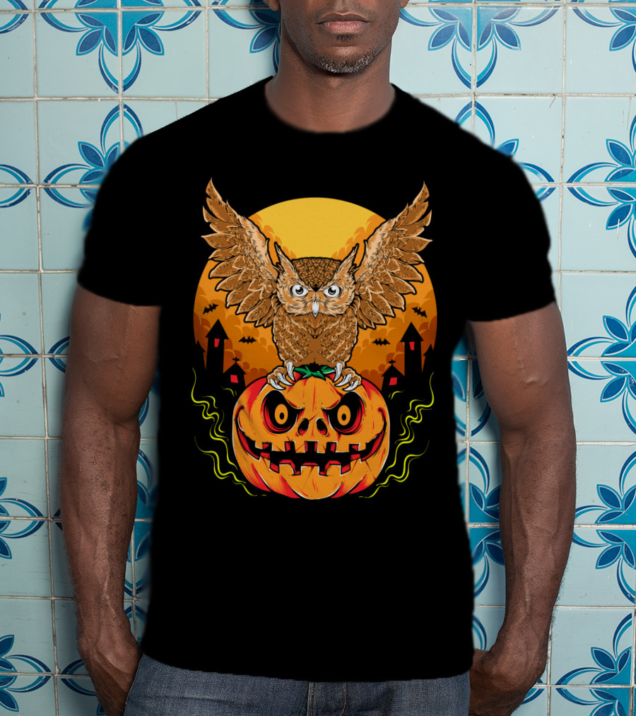 Owl Perched On Halloween Pumpkin With Haunted Houses And Bats T-Shirt