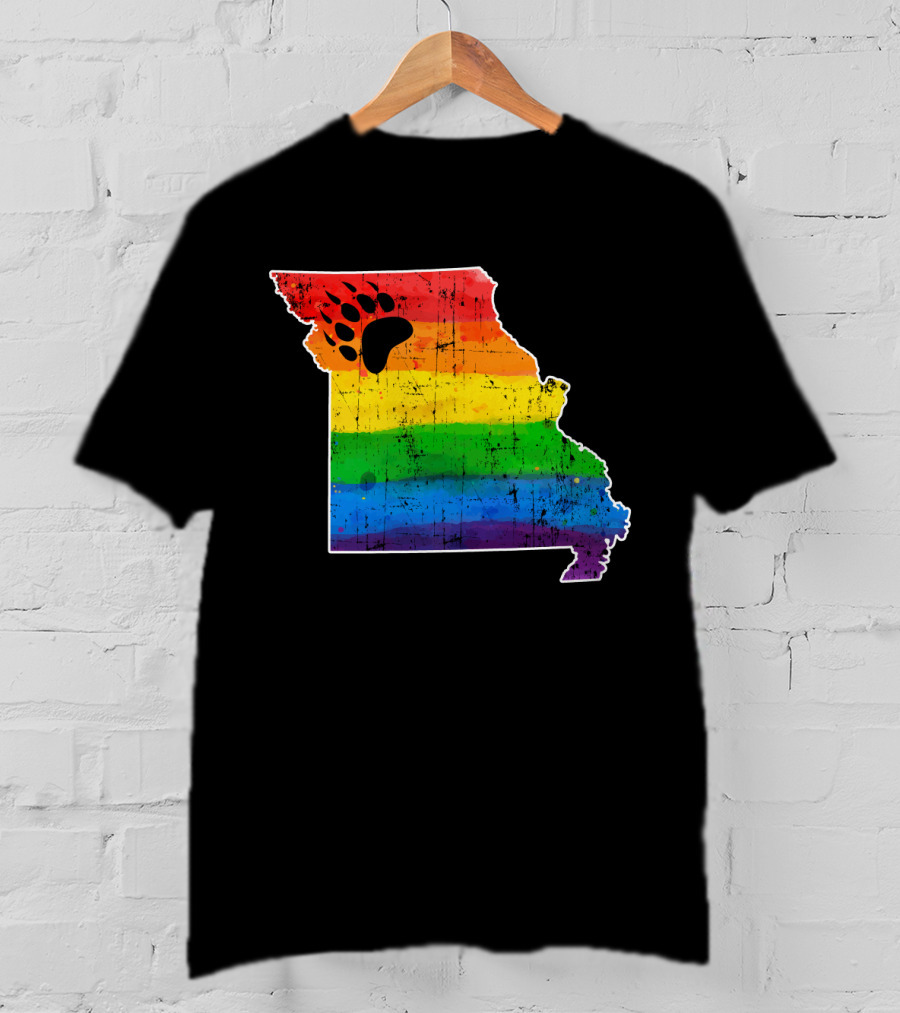 Missouri State Shape With Rainbow Bear Paw Pride Flag T-Shirt