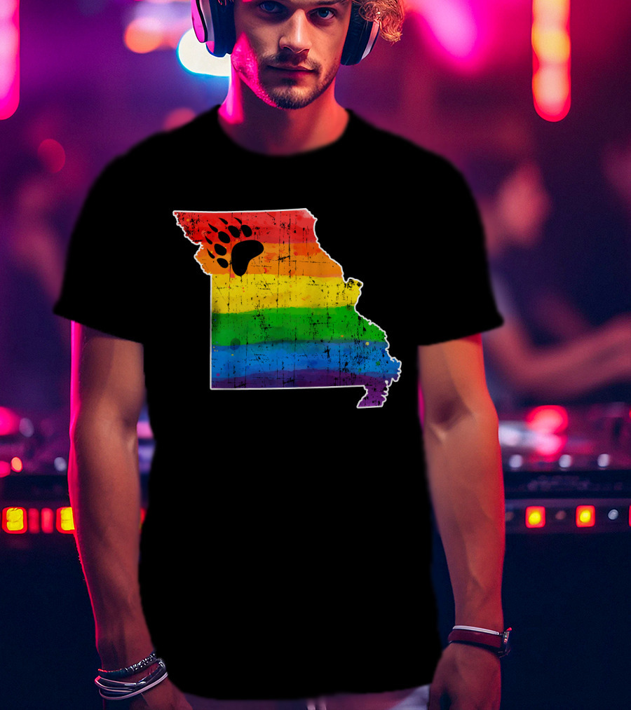 Missouri State Shape With Rainbow Bear Paw Pride Flag T-Shirt