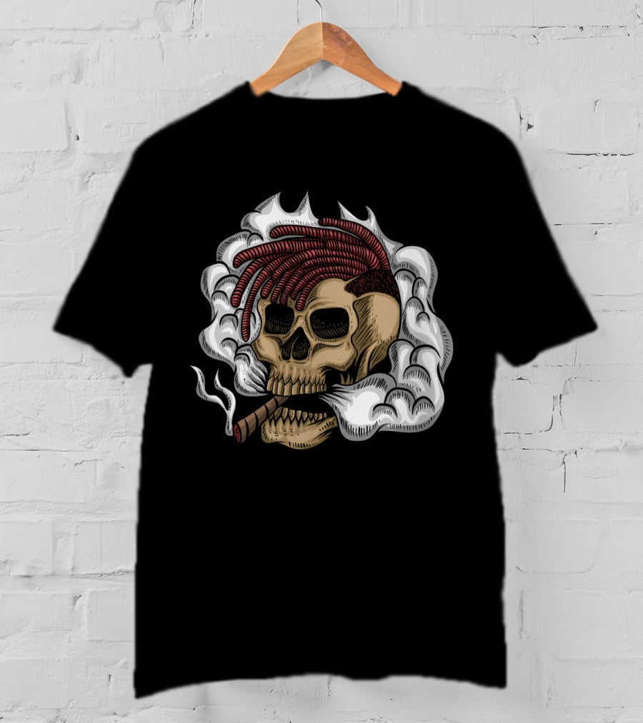 Skull Smoke Cigar With Red Braided Hair And White Smoke Plumes T-Shirt