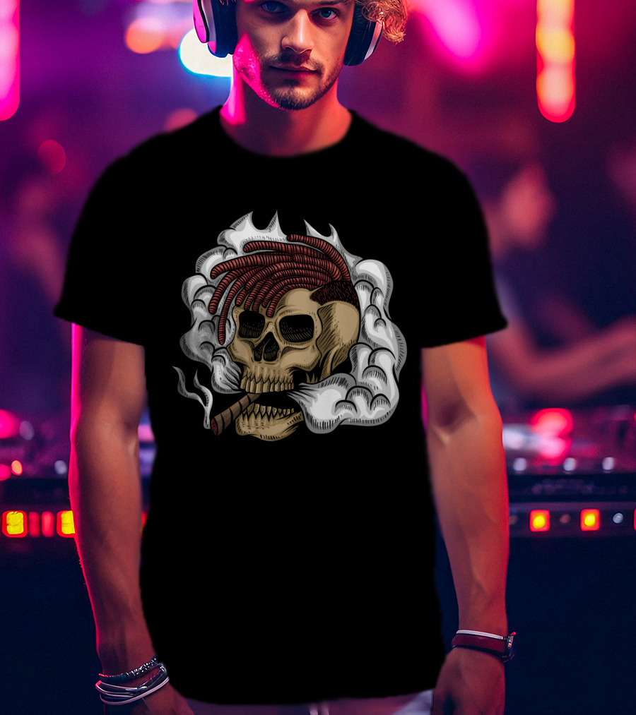 Skull Smoke Cigar With Red Braided Hair And White Smoke Plumes T-Shirt