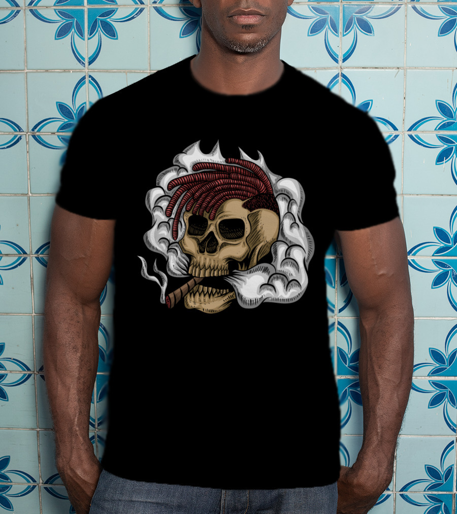 Skull Smoke Cigar With Red Braided Hair And White Smoke Plumes T-Shirt