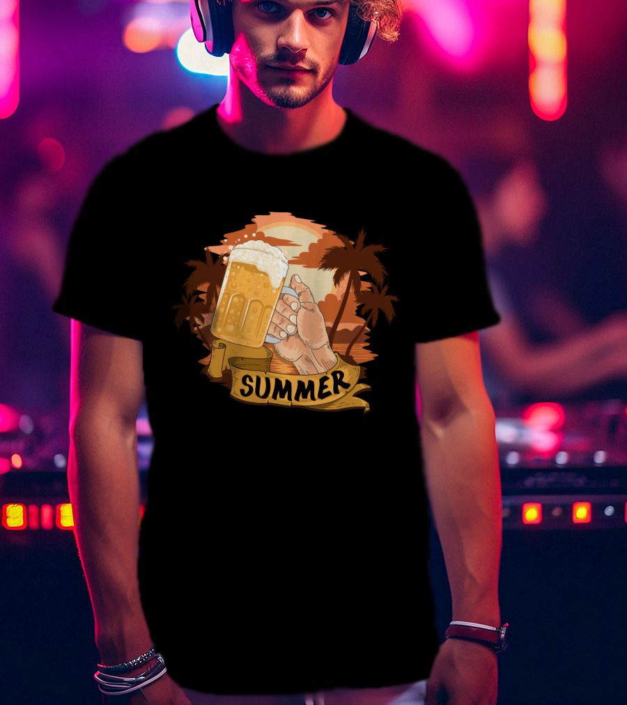 Summer Beach Beer Cheers At Sunset Palm Landscape T-Shirt
