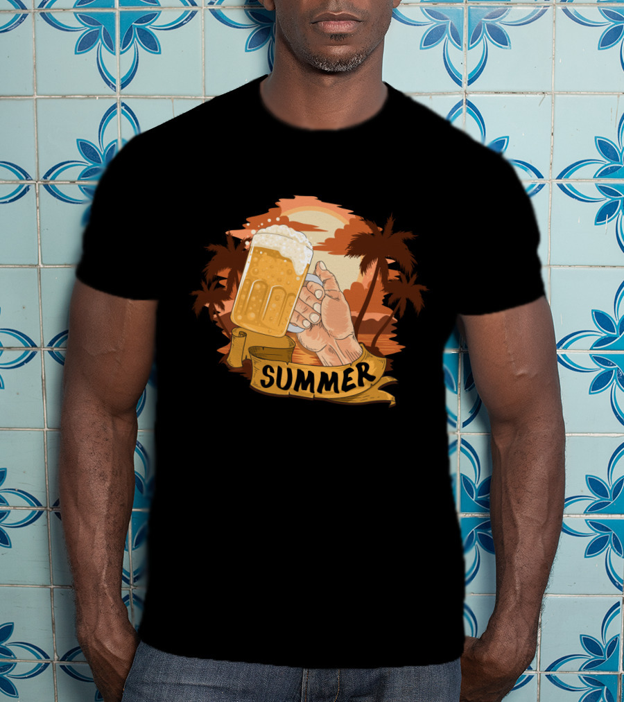 Summer Beach Beer Cheers At Sunset Palm Landscape T-Shirt