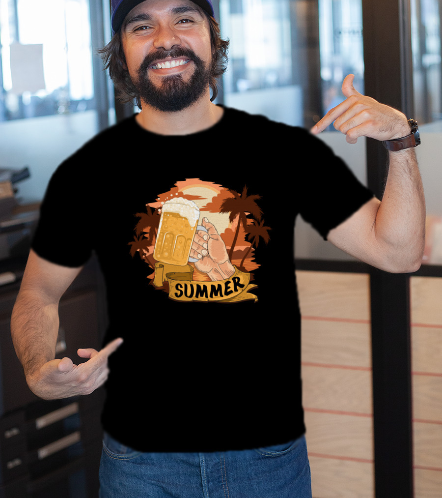Summer Beach Beer Cheers At Sunset Palm Landscape T-Shirt