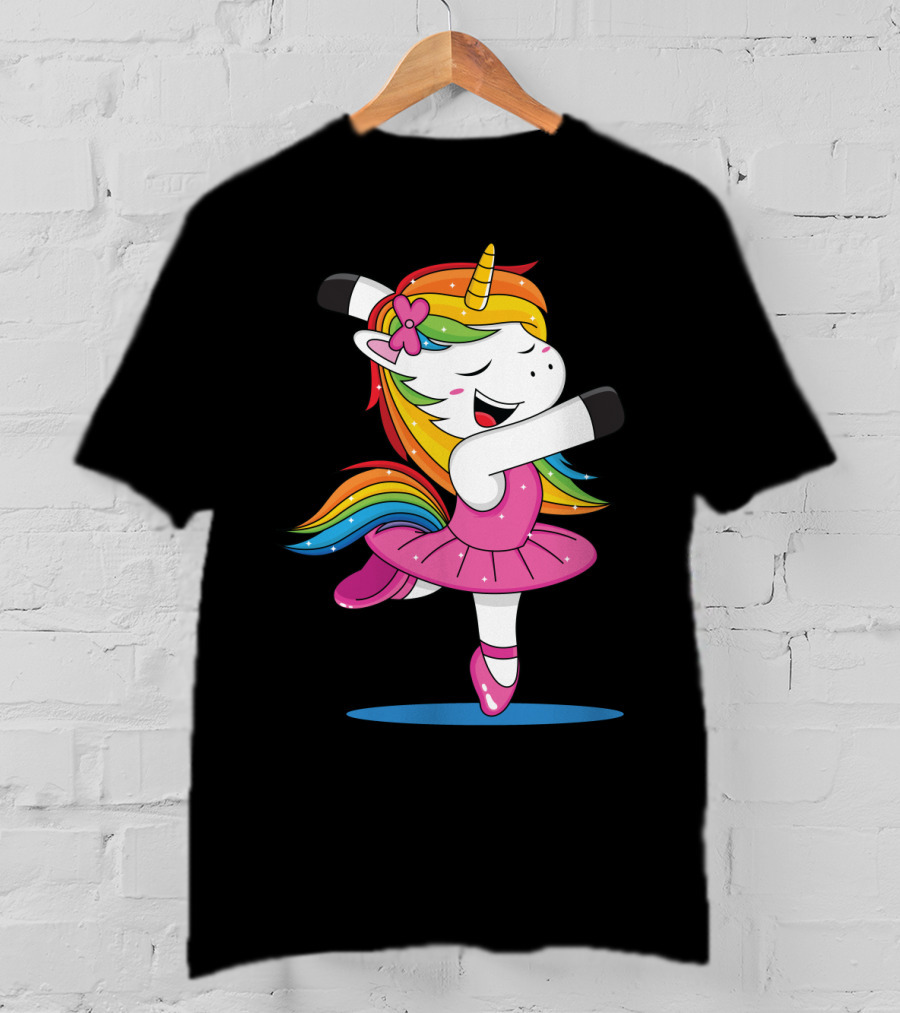 Unicorn Ballet Rainbow Dancer With Pink Tutu And Flower Bow T-Shirt