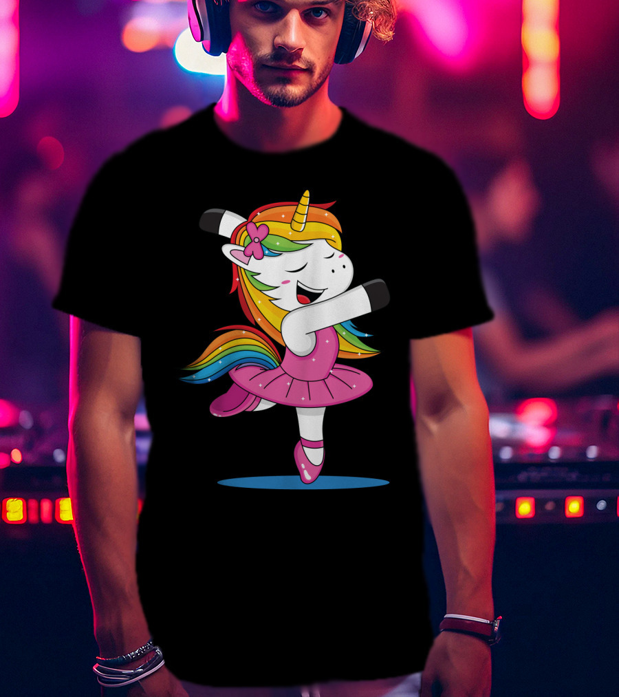 Unicorn Ballet Rainbow Dancer With Pink Tutu And Flower Bow T-Shirt