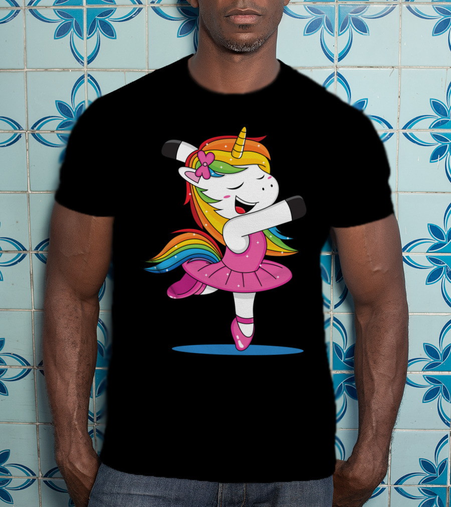 Unicorn Ballet Rainbow Dancer With Pink Tutu And Flower Bow T-Shirt