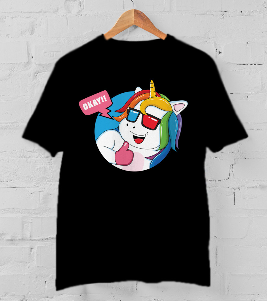 OKAY Unicorn Expression Rainbow Sunglasses Thumbs Up T-Shirt