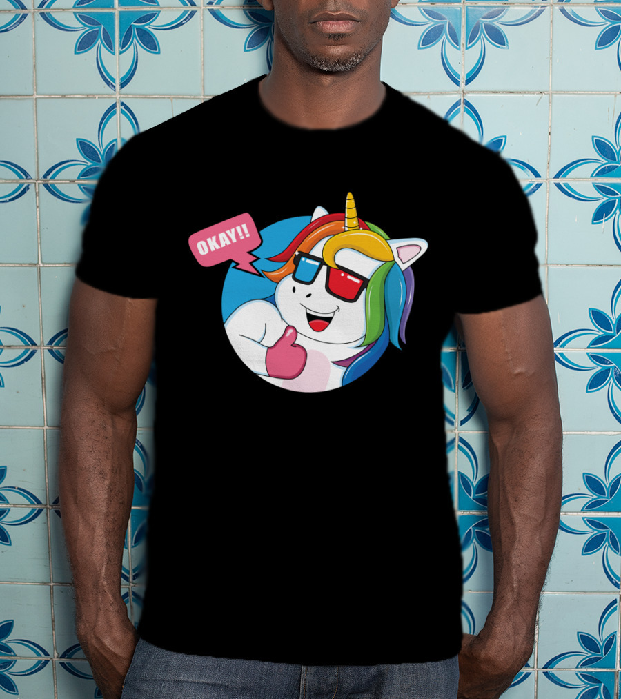 OKAY Unicorn Expression Rainbow Sunglasses Thumbs Up T-Shirt