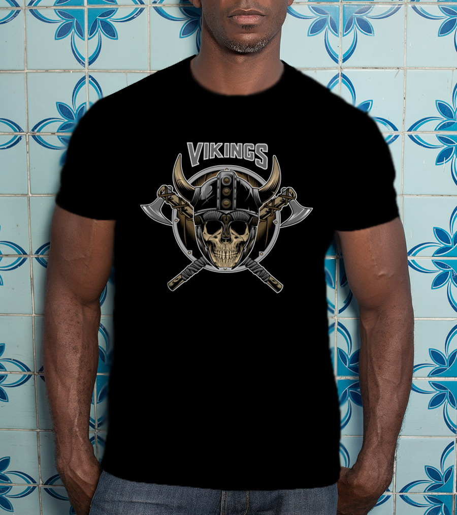 Vikings Warrior Skull With Horned Helmet And Axes T-Shirt
