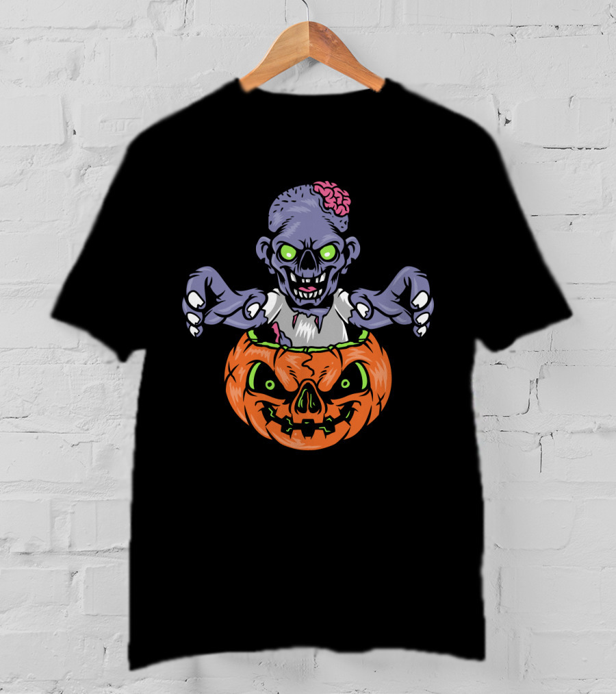 Zombie In Pumpkin With Glowing Eyes And Brain T-Shirt