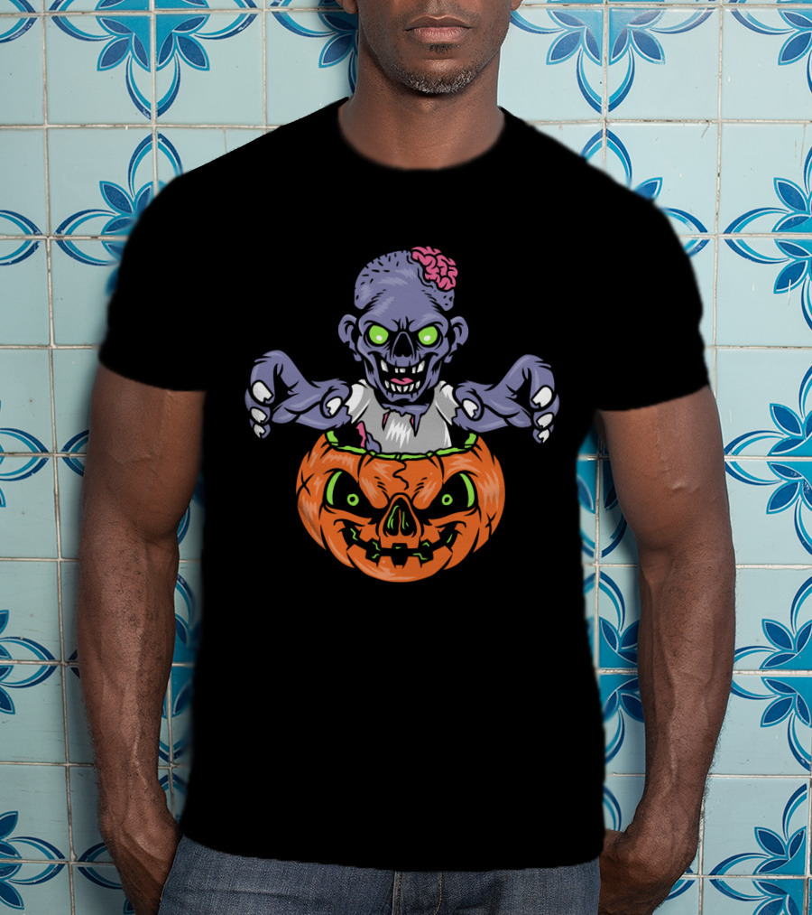 Zombie In Pumpkin With Glowing Eyes And Brain T-Shirt